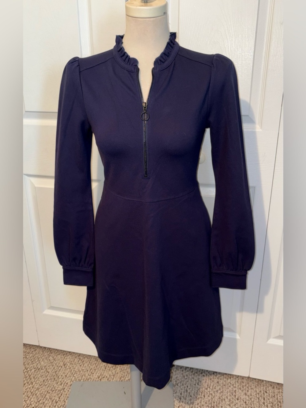 Caslon Navy Ruffle-Neck Long Sleeve Zip Dress